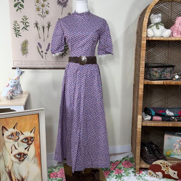Vintage 70s Purple Ditsy Floral Maxi Dress Prairie Cottage Farmers Daughter S - Picture 1 of 5